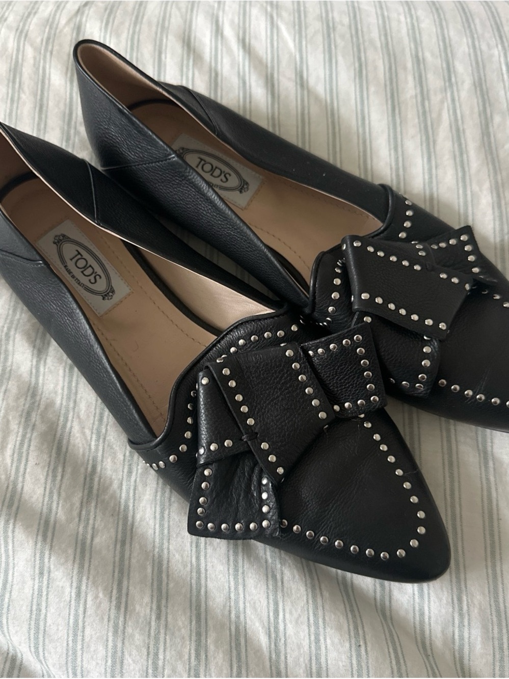 Tod's Black Leather Studded Bow Pointed-Toe Flats